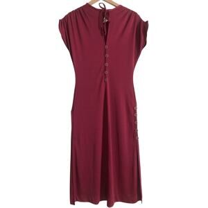 Vintage Funky Red Button Front Short Sleeve Tie Neck Lightweight Dress